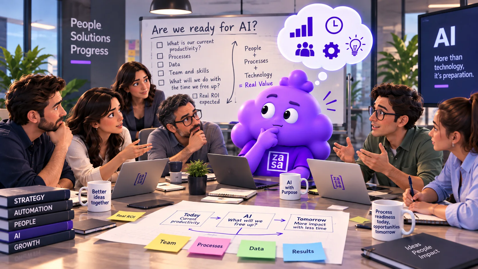 Zasa, the Zarasa mascot, thinking during a team meeting in front of a whiteboard asking "Are we ready for AI?", with a checklist of current productivity, processes, data, team and skills, what to do with the time freed up and the real ROI expected