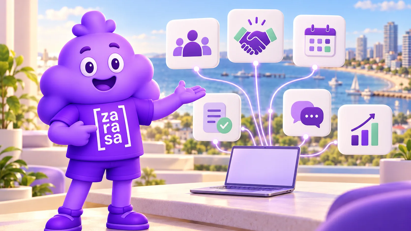 Zasa presents connected member, agreement, event, payment and communication management, with a Maldonado bay in the background.