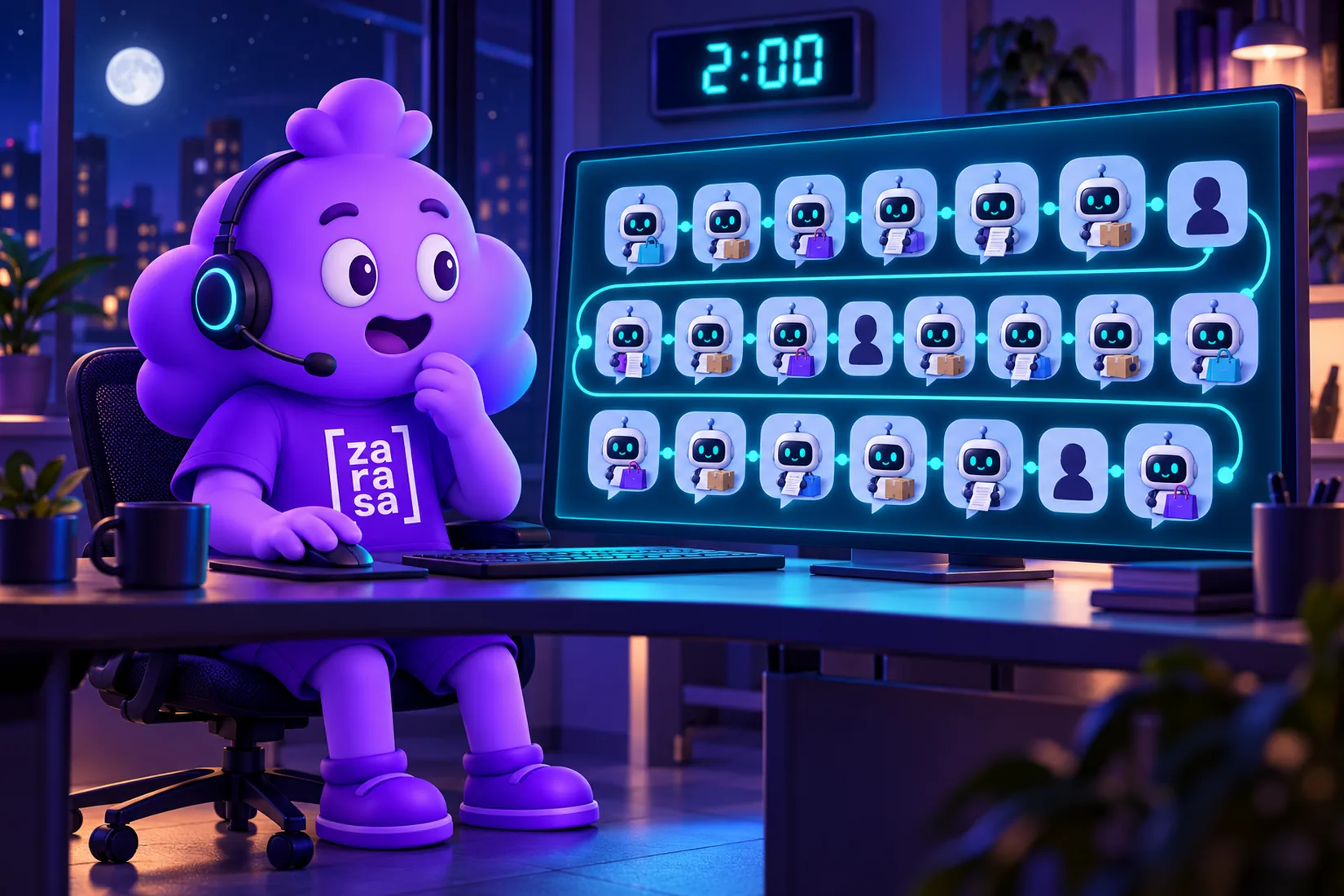 Zasa, la mascota de Zarasa, atiende con auriculares a las 2:00 frente a una pantalla con una larga fila de agentes de IA con forma de robot, entre los que hay solo tres personas
