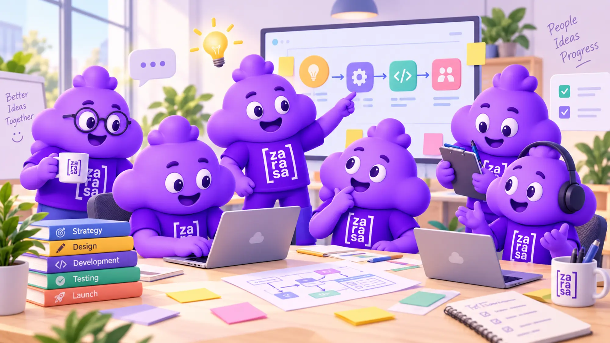 Zasa, the Zarasa mascot, working as a team around a desk with laptops, sticky notes and a process board on screen