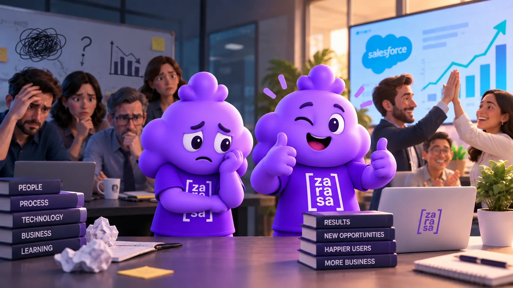 Two versions of Zasa, the Zarasa mascot: one worried next to a frustrated team and falling charts, and one celebrating with the client team in front of a rising Salesforce dashboard