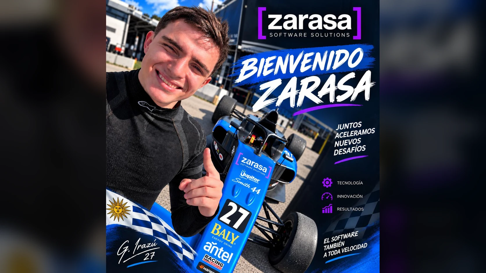 Gast&oacute;n Iraz&uacute; junto a su Ligier JS F422 n&uacute;mero 27 con el logo de Zarasa