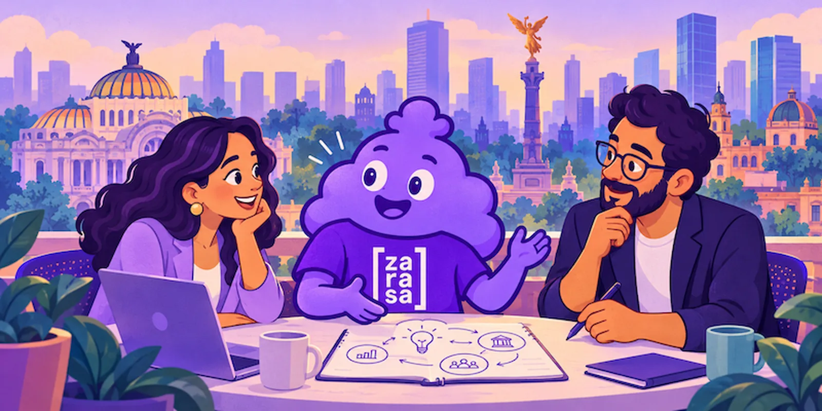 Zasa, Zarasa's mascot, talks with an entrepreneur and an executive on a rooftop in Mexico City, with the Palacio de Bellas Artes and the Angel of Independence in the background
