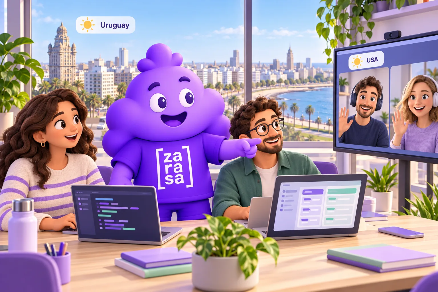 Zasa, Zarasa's mascot, points at a laptop next to two developers in an office in Montevideo, with the Rambla and the Palacio Salvo behind them, while two colleagues in the United States wave from a video call.