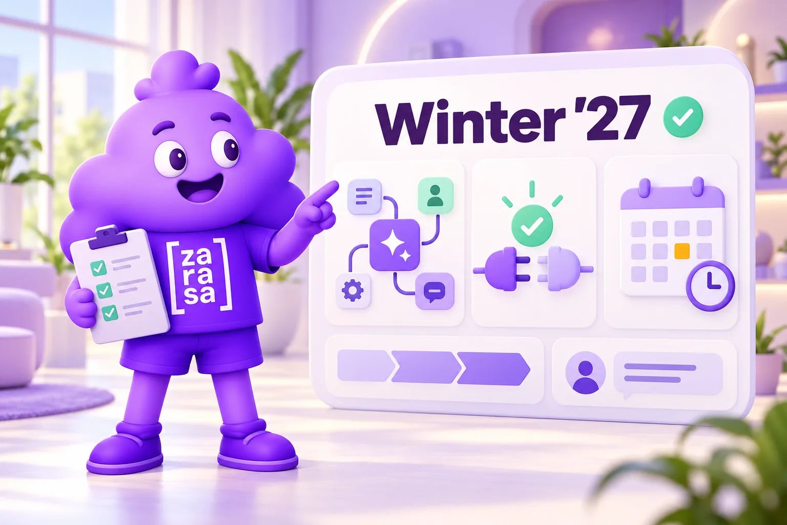 Zasa, la mascota de Zarasa, sostiene una lista de verificación y señala un tablero con el título Winter '27, con íconos de agentes, integraciones y un calendario.