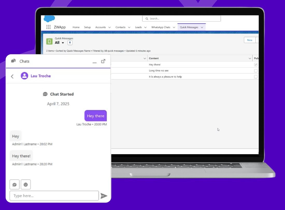 ZWAPP in Salesforce: a WhatsApp chat window next to the quick messages list, inside Lightning Experience